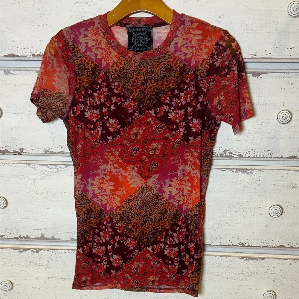 Johnny Was Jade Sheer Mesh Floral Paisley Top XS Fitted Stretch Boho
